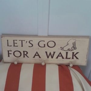 Dog Leash Wall Hooks Let’s Go For a Walk Rustic Wood Sign Shabby Chic 3 hooks